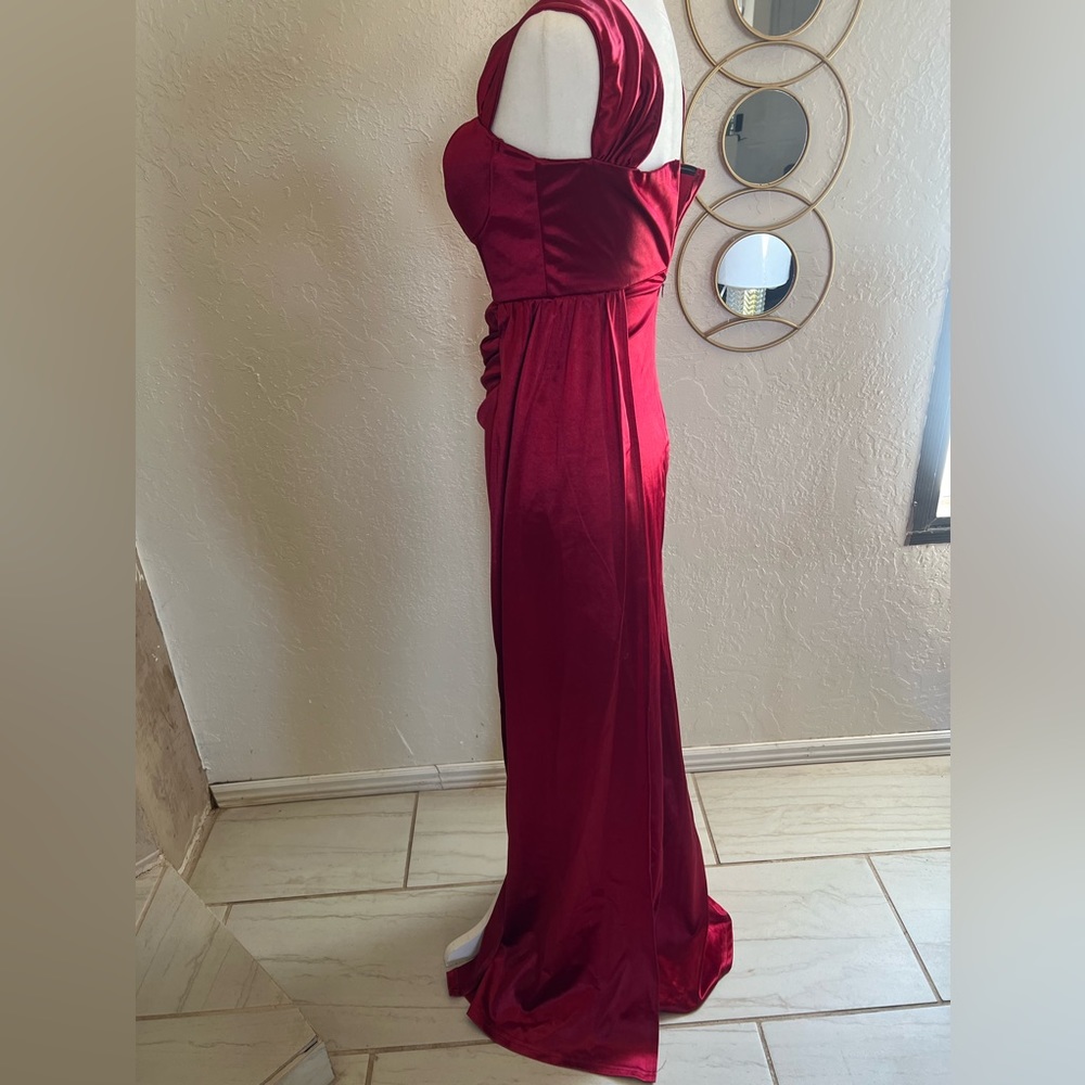 SLIT THIGH DRAPED SIDE BUSTIER SATIN BURGUNDY DRESS - Picture 8 of 13